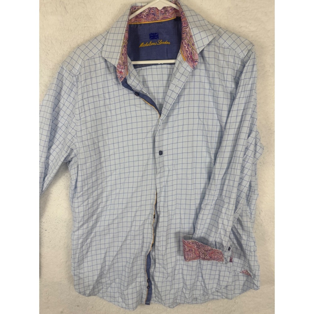 Michelsons London Mens Checkered Button‎ Down Shirt Medium Paisley Trim Casual